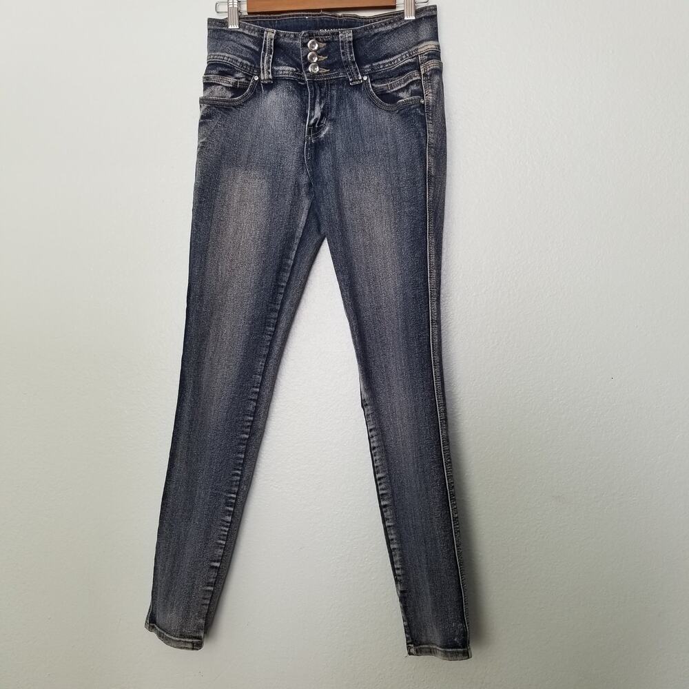 Diamante Women’s Skinny Jeans Blue Denim Triple Button Low Rise Size 7